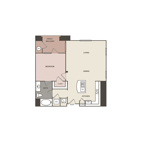Floor plan for 1 bed, 1 bath, 822 sqft